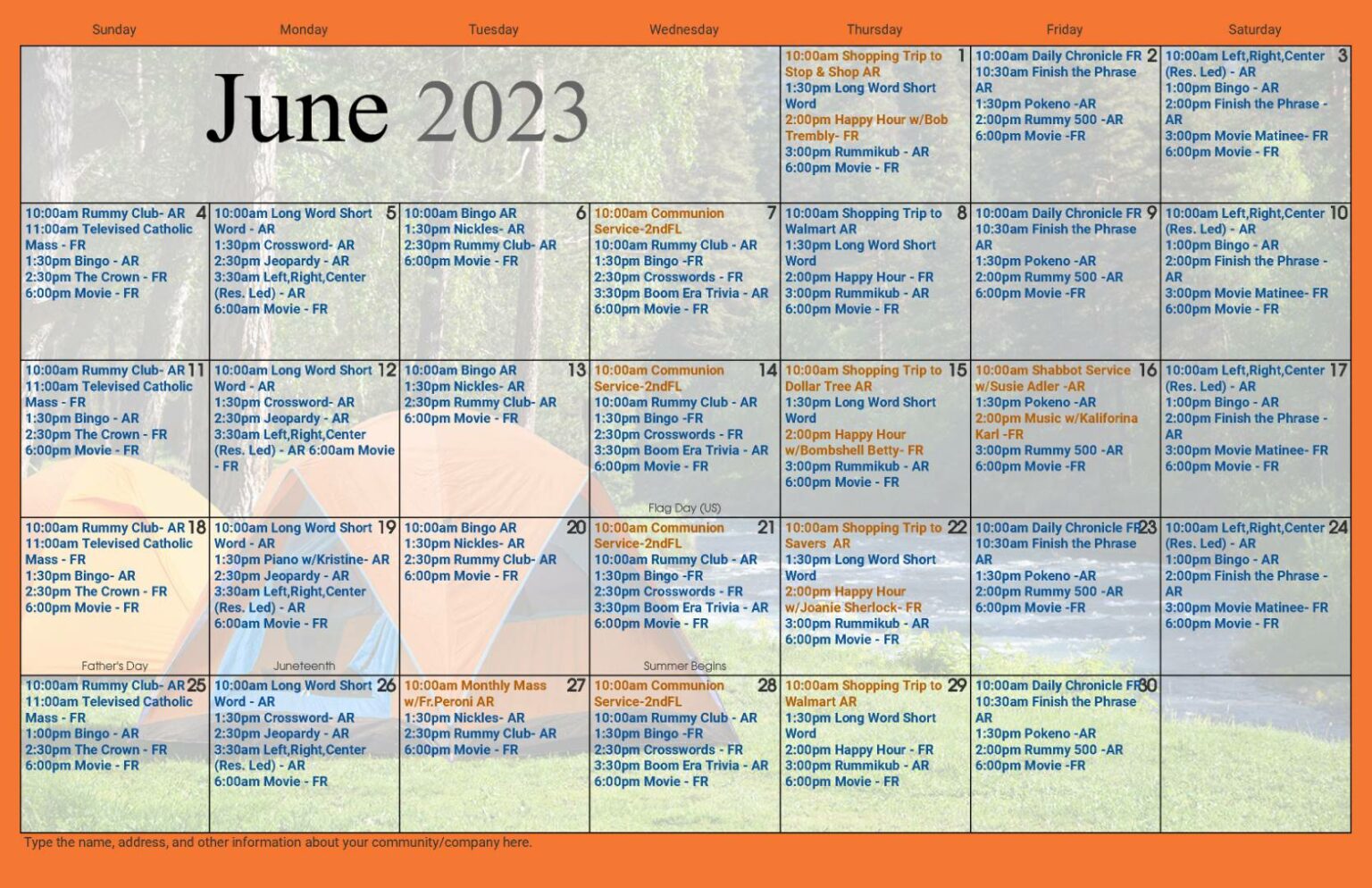 Activities Calendar The Highlands on the Eastside